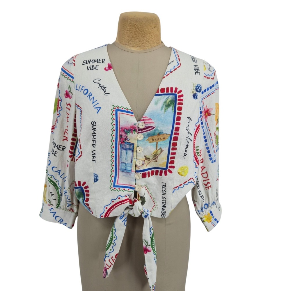 Joie Postcard Print Tie Front Blouse 10 Linen Blend Fruit Artsy Vacation Resort